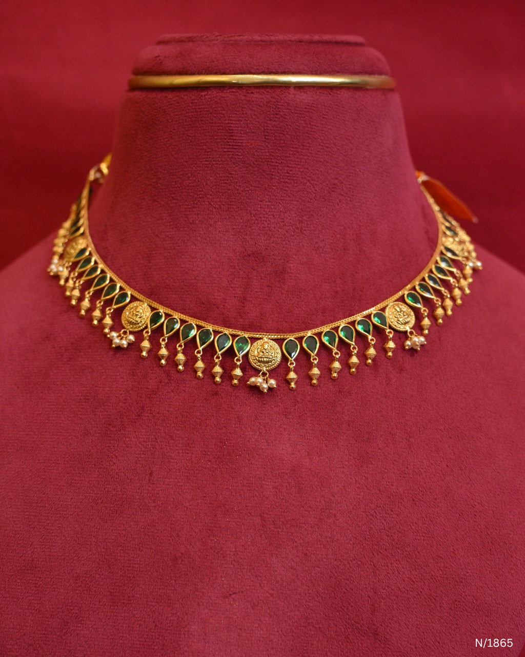 Goddess Lakshmi Coin & Teardrop Green Emerald Station Choker Necklace | SKU: N/1865