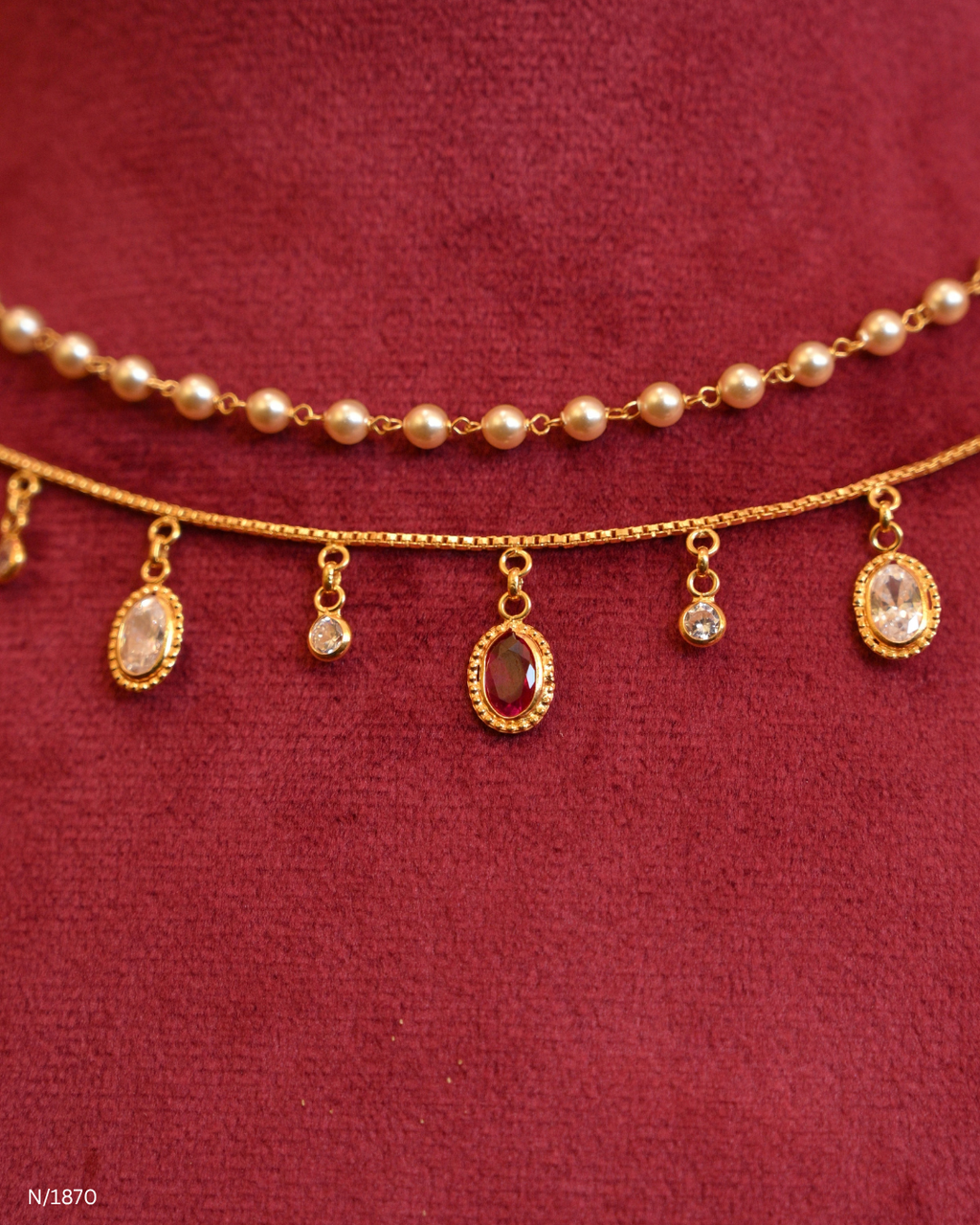 Double-Strand Pearl & Gemstone Drop Dangle Choker Necklace | SKU: N/1870