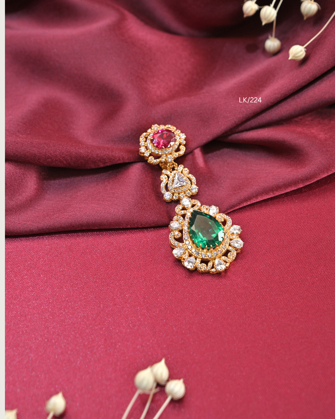 Three-Tier Ruby, Trillion CZ & Teardrop Emerald Halo Pendant | SKU: LK/224