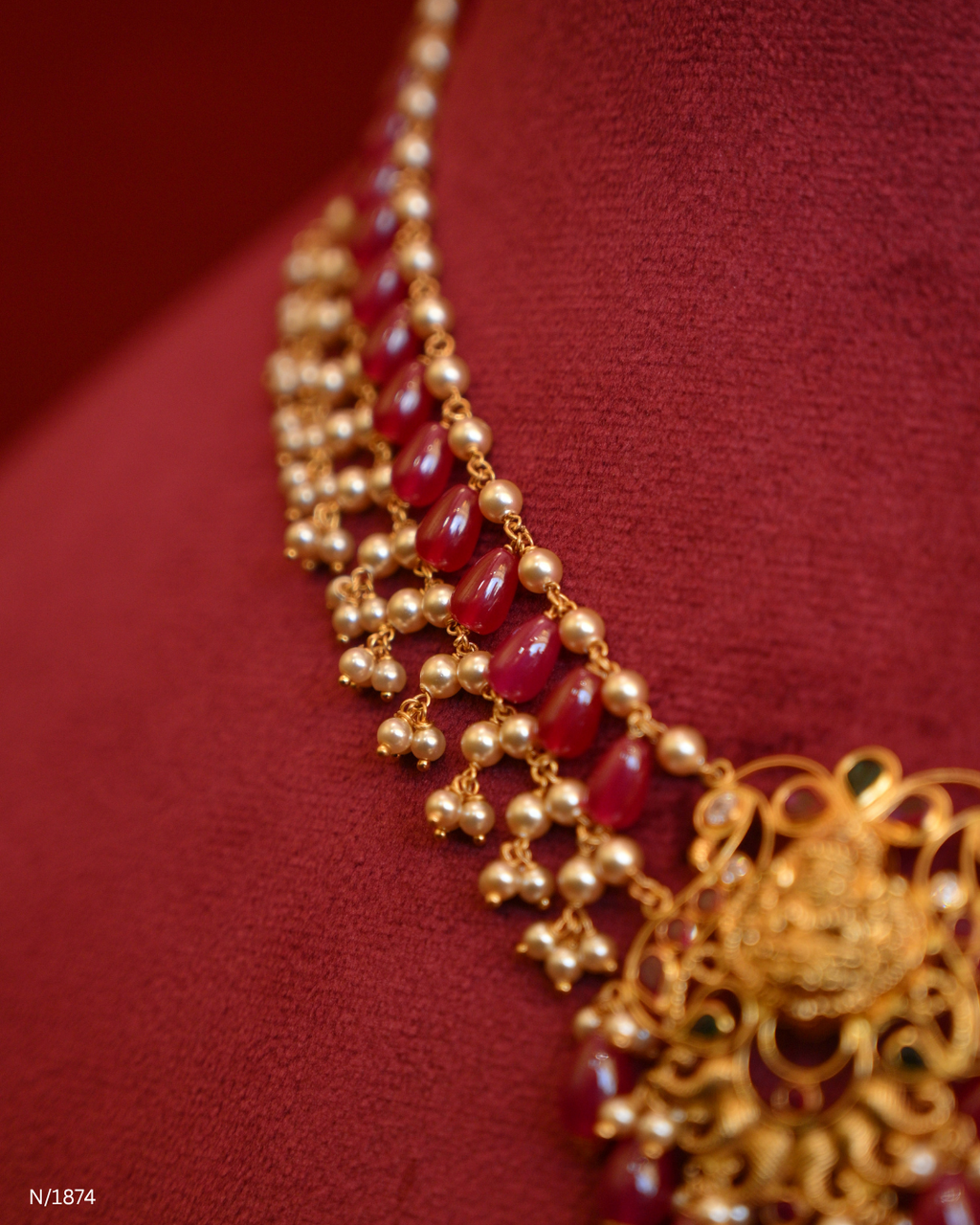 Traditional Goddess Lakshmi Temple Choker with Ruby Beads & Pearl Clusters | SKU: N/1874