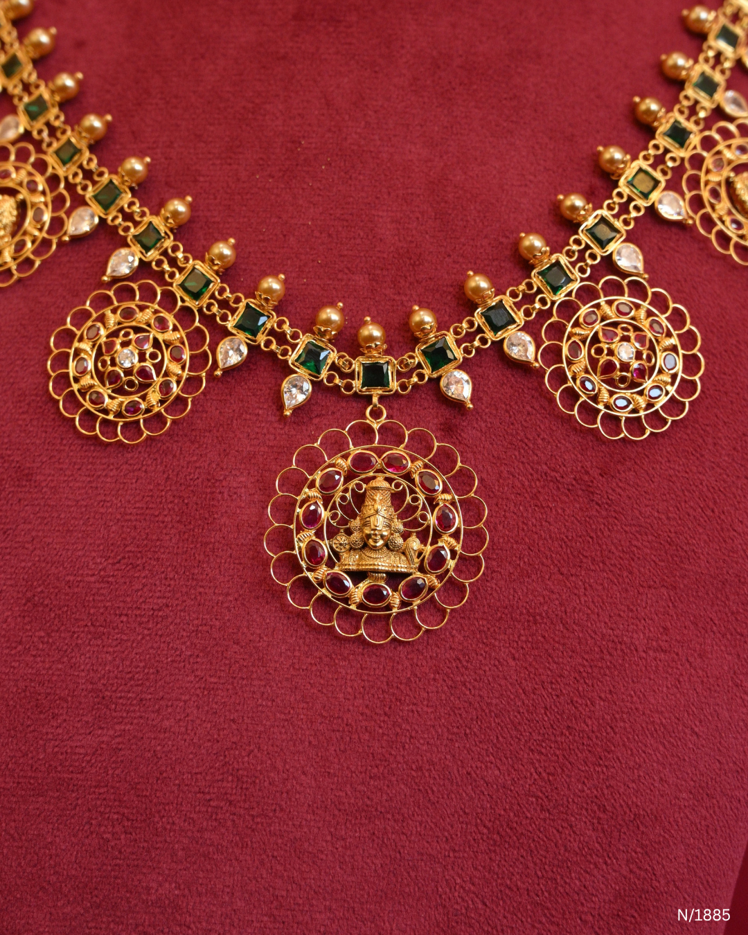 Goddess Lakshmi Temple Haram with Square Emerald Stations & Ruby-Studded Filigree Medallions | SKU: N/1885