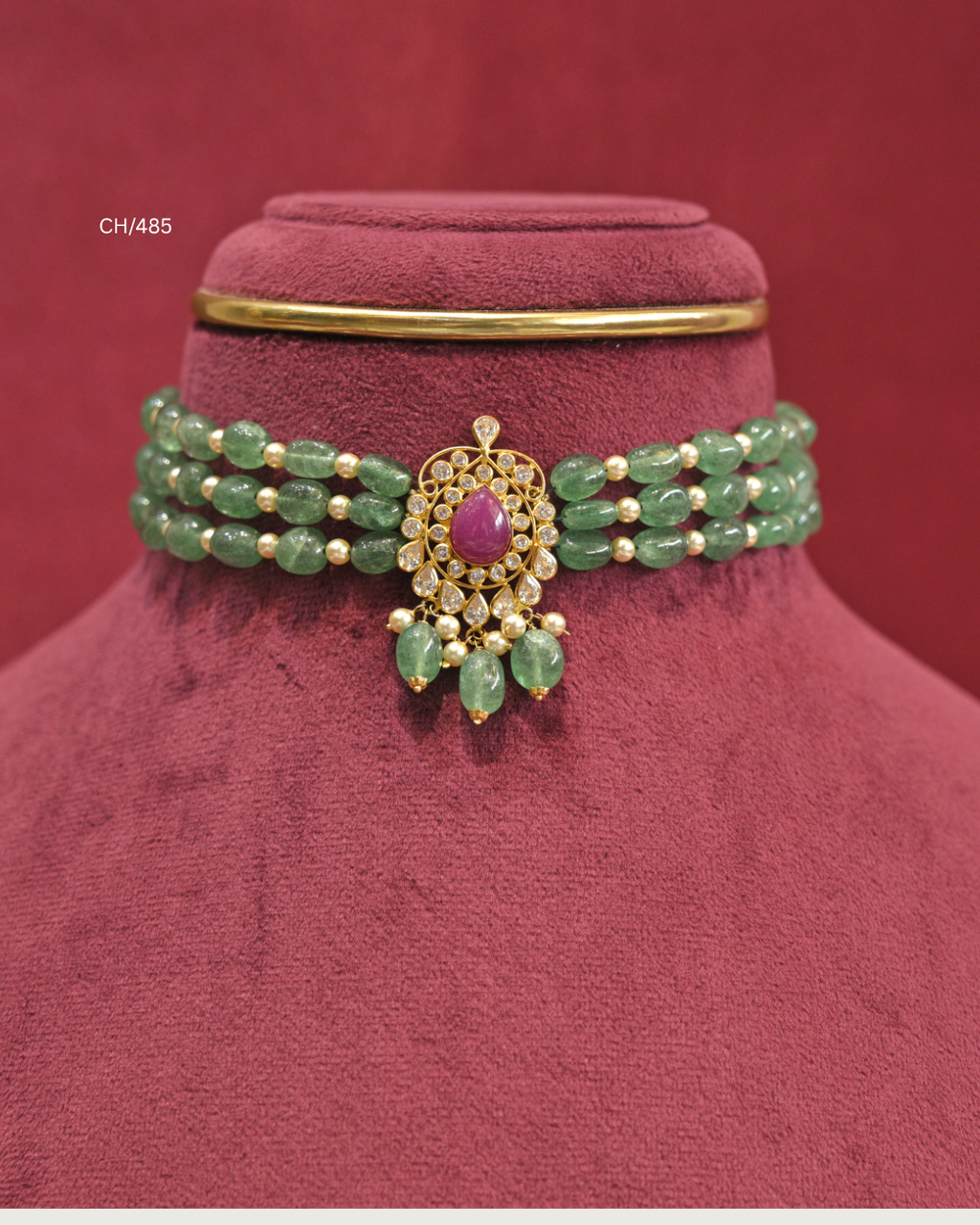 Teardrop Ruby Motif Multi-Strand Emerald Bead Choker | SKU: CH/485