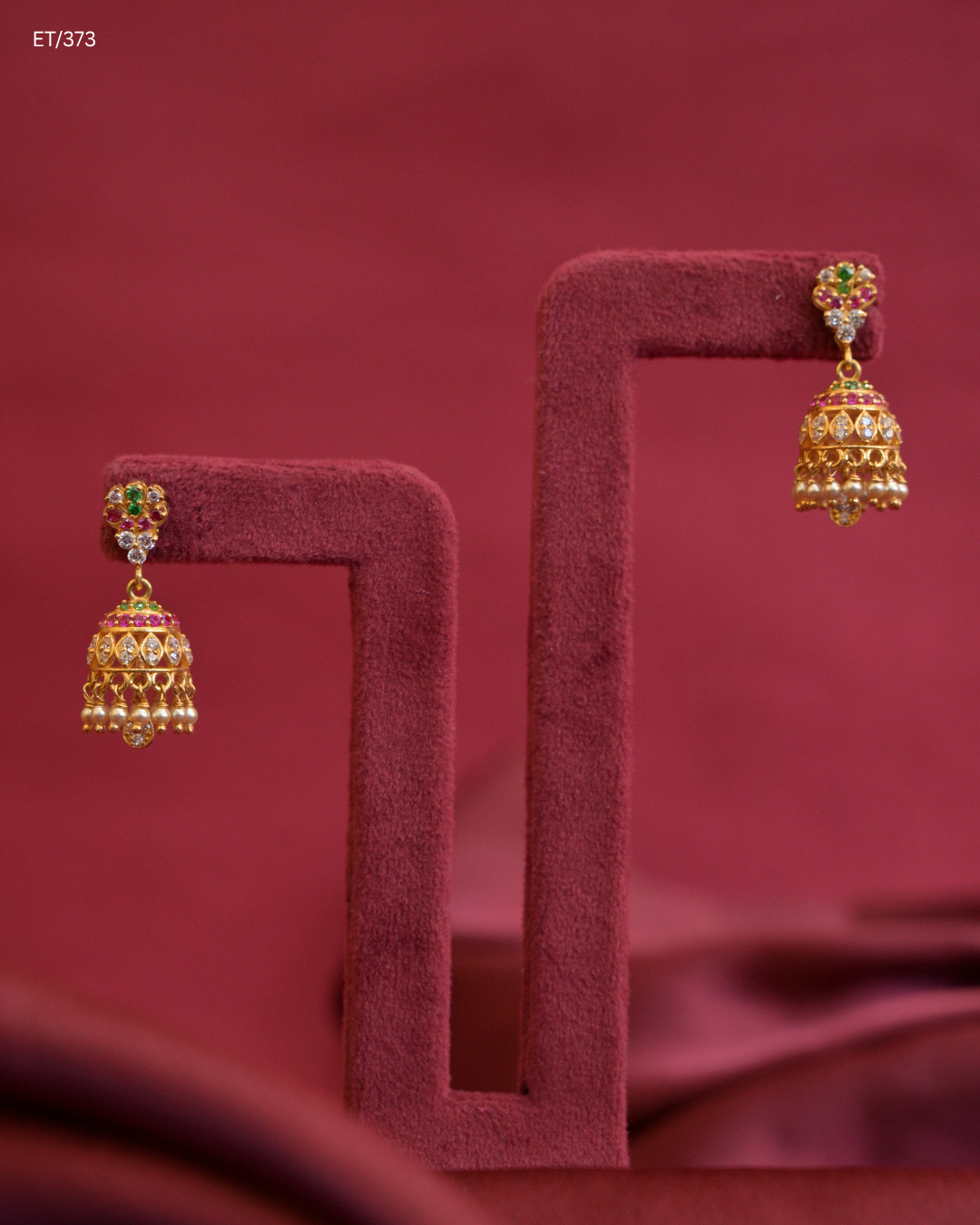 Jhumka Earrings with Rubies, Emeralds, CZ Polkis & Pearl Fringes | SKU: ET/373