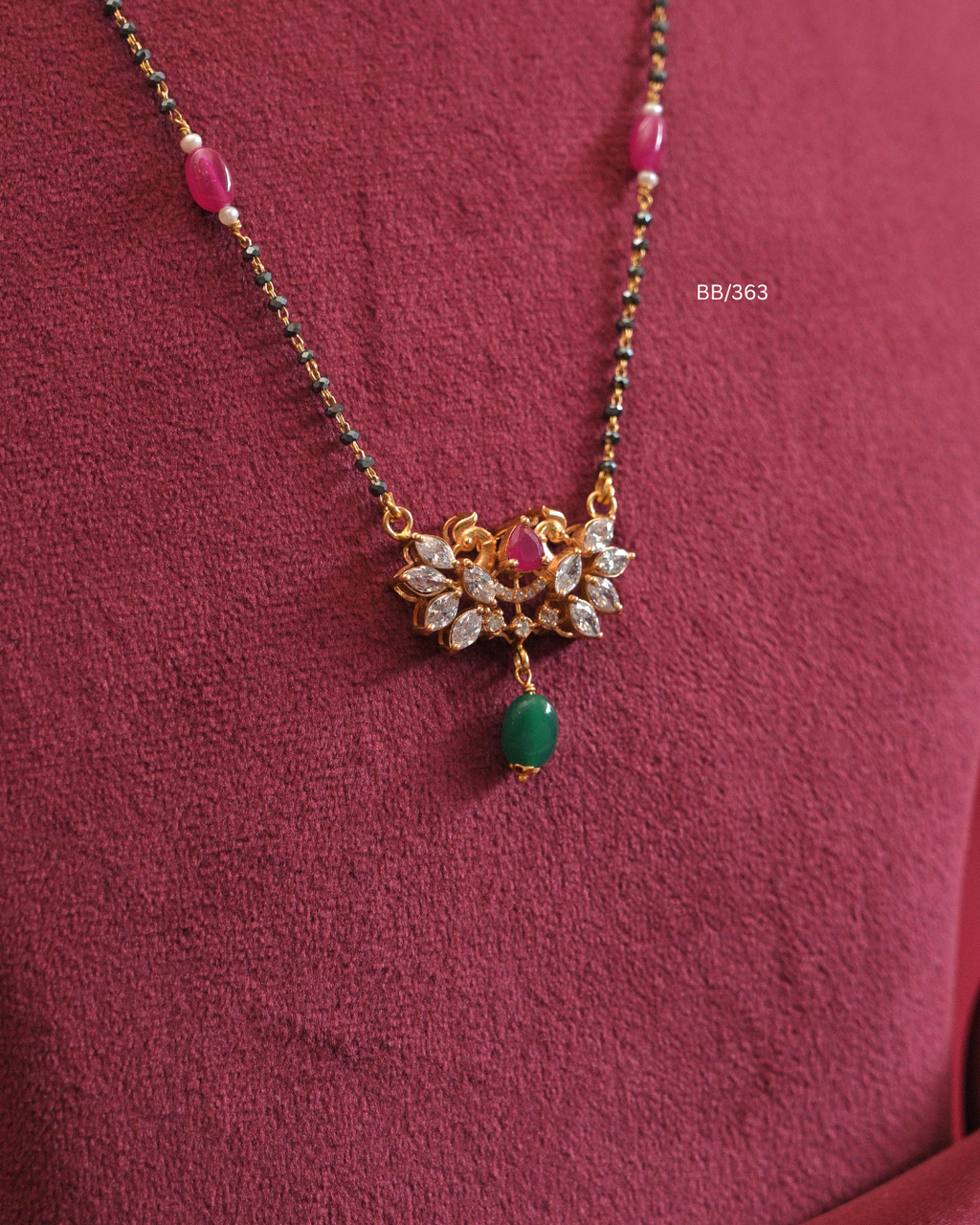 Twin Peacock & CZ Floral Cluster Pendant Mangalsutra with Ruby & Emerald Station Beads |SKU: BB/363