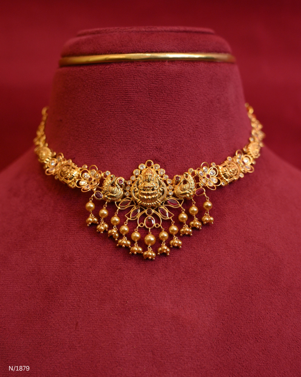 Traditional Goddess Lakshmi & Peacock Temple Choker Necklace with Gold Bead Fringe | SKU: N/1879