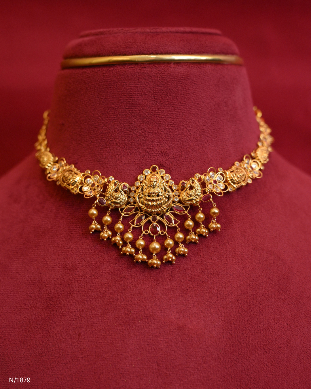 Traditional Goddess Lakshmi & Peacock Temple Choker Necklace with Gold Bead Fringe | SKU: N/1879