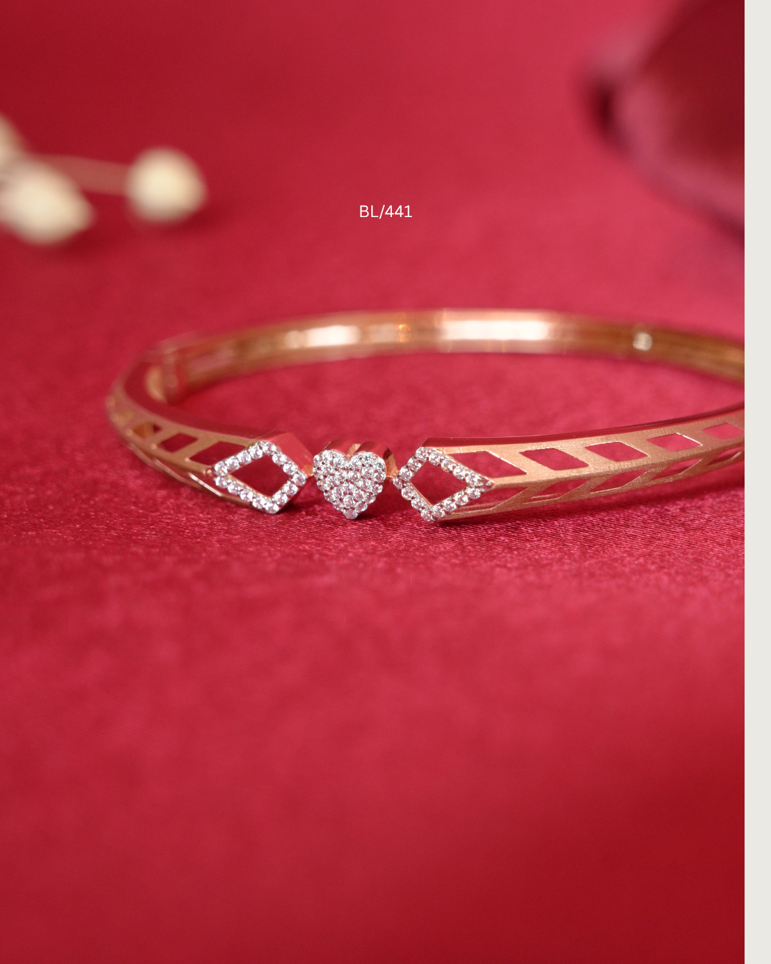 Geometric Rhombus Frame & Pave CZ Heart Station Bangle | SKU: BL/441