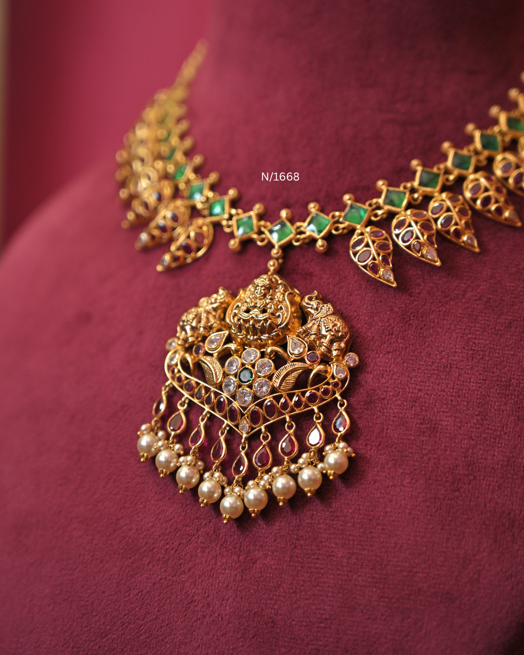 Goddess Lakshmi Nakshi Temple Pendant Necklace with Emerald Links & Ruby Mango Fringe |SKU: N/1668