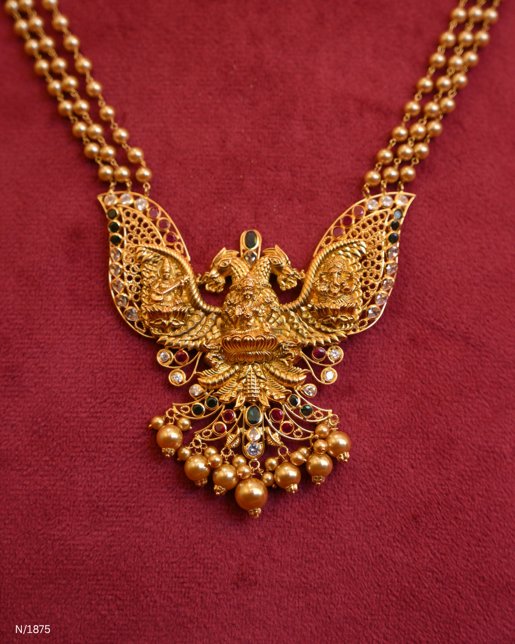 Traditional Triple-Layered Ball Chain Temple Necklace with Goddess Lakshmi & Peacock Pendant | SKU: N/1875