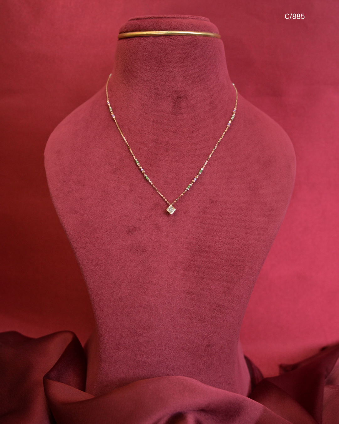Multi-Color Beaded Station Necklace with Cushion Pave CZ Halo Pendant | SKU: C/885