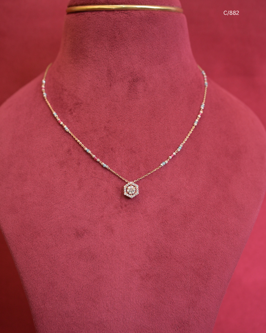 Gold Light Blue & Pearl Beaded Station Necklace with Hexagonal Pave CZ Halo Pendant | SKU: C/882
