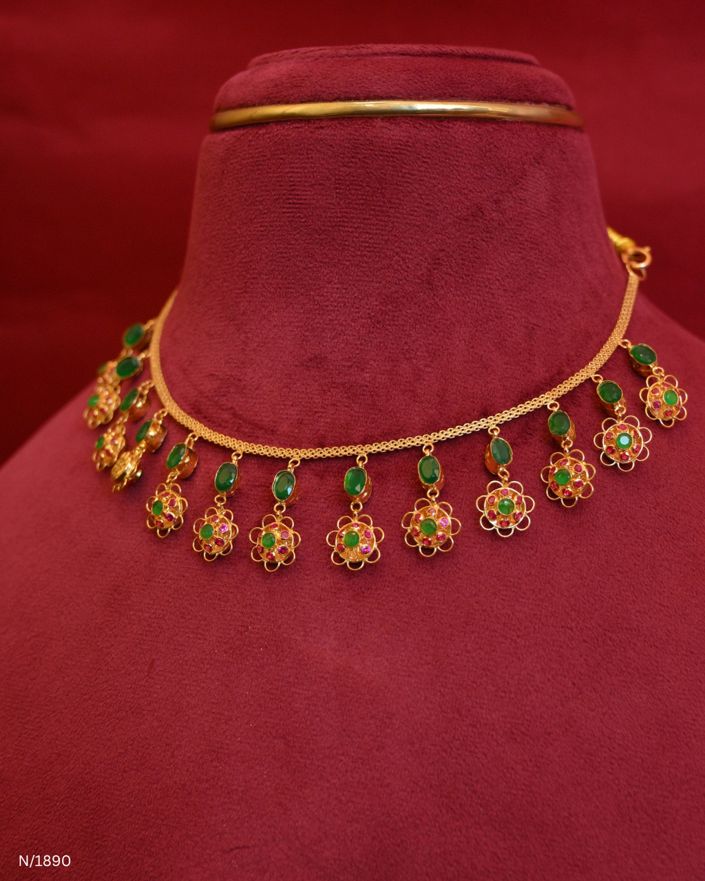 Traditional Emerald Station & Floral Ruby Cluster Dangle Choker Necklace | SKU: N/1890