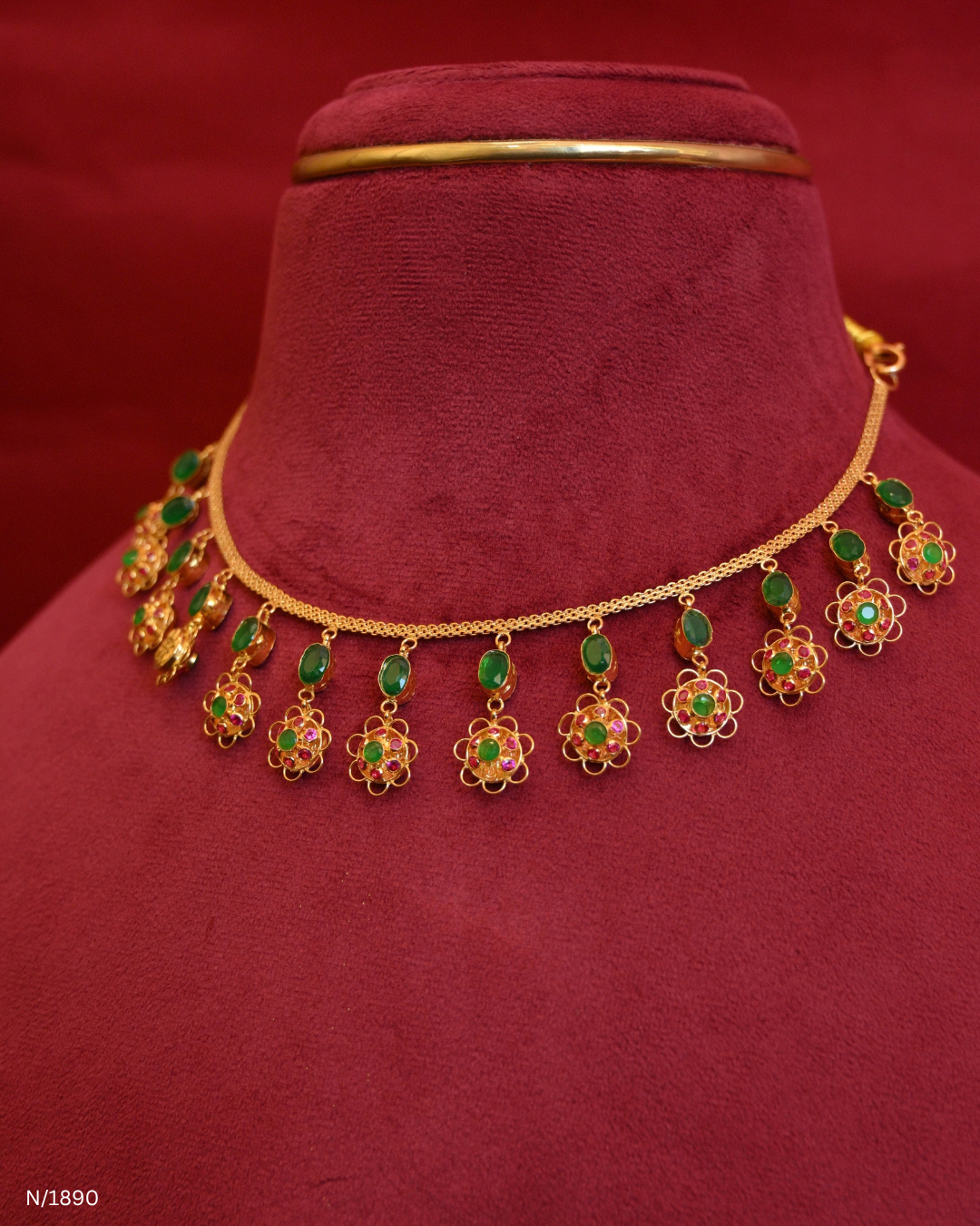 Traditional Emerald Station & Floral Ruby Cluster Dangle Choker Necklace | SKU: N/1890