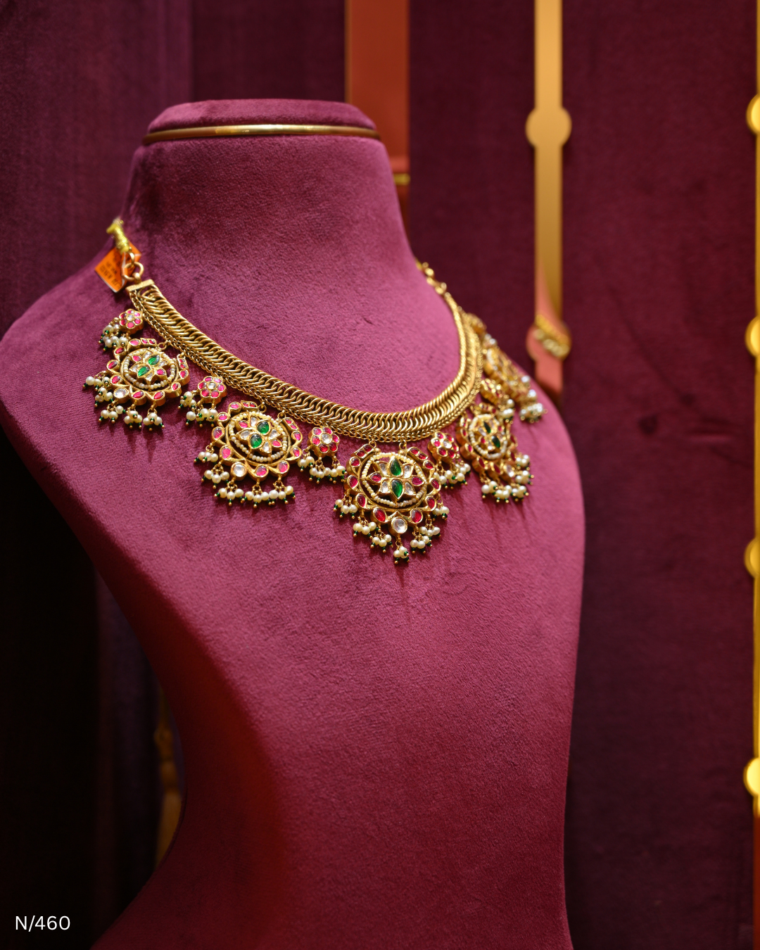 Polki Ruby Emerald & Pearl Statement Necklace | SKU: N/460