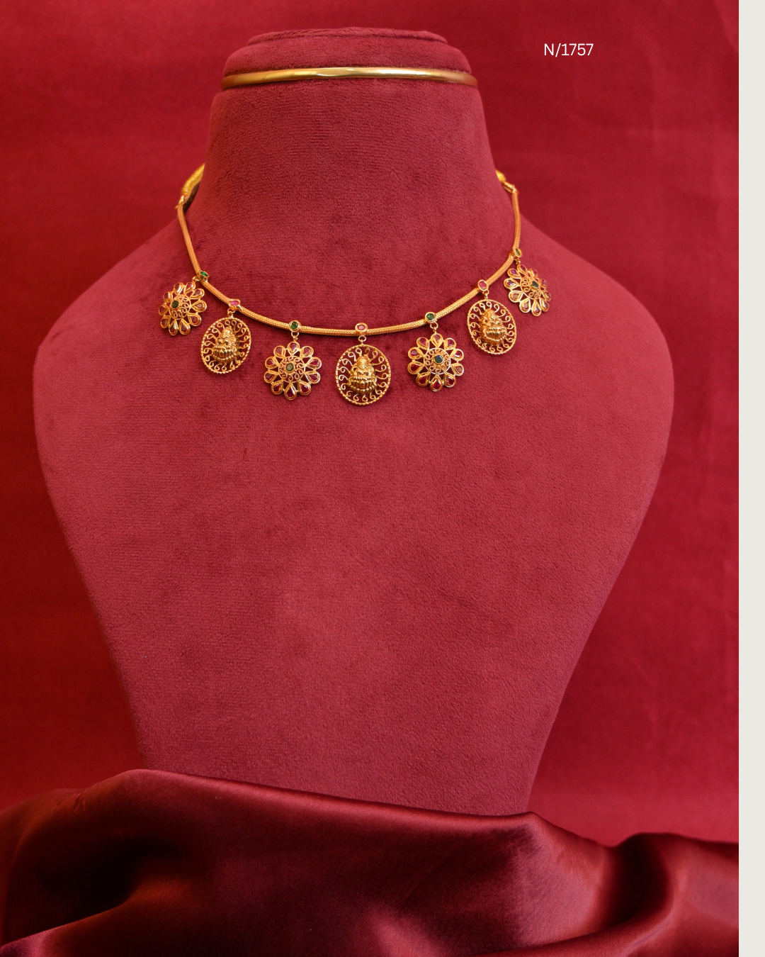 Goddess Lakshmi Coin & Floral Ruby Medallion Station Hasli Choker Necklace | SKU: N/1757