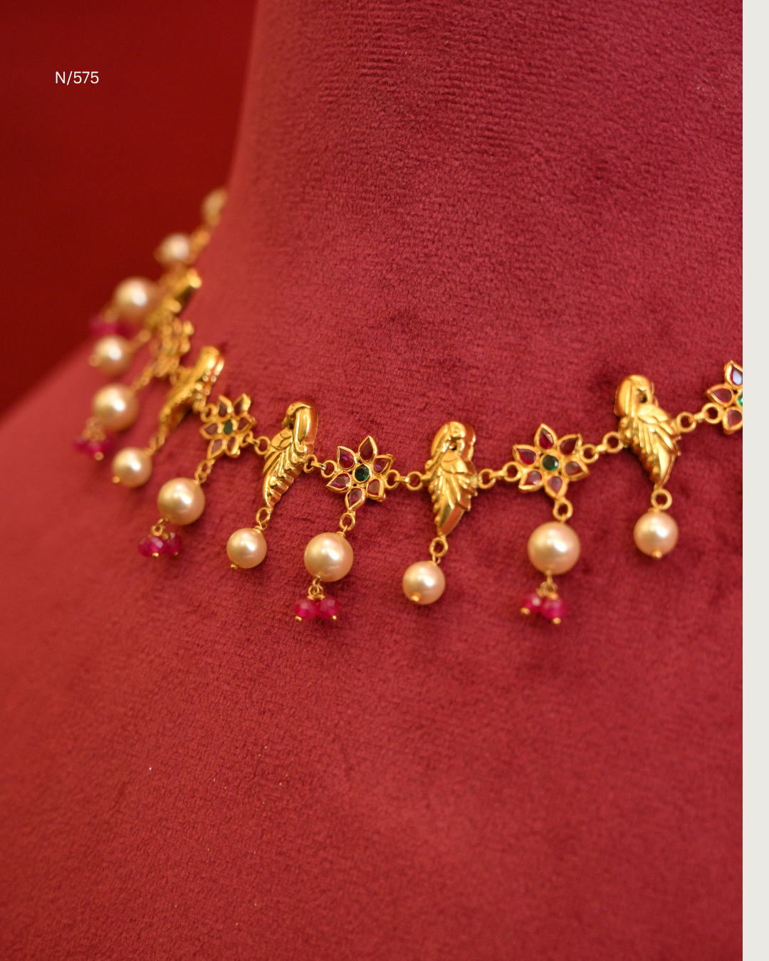 Peacock Nakshi & Floral Station Choker Necklace with Rubies, Emeralds, Pearls & Pink Bead Drops | SKU: N/575
