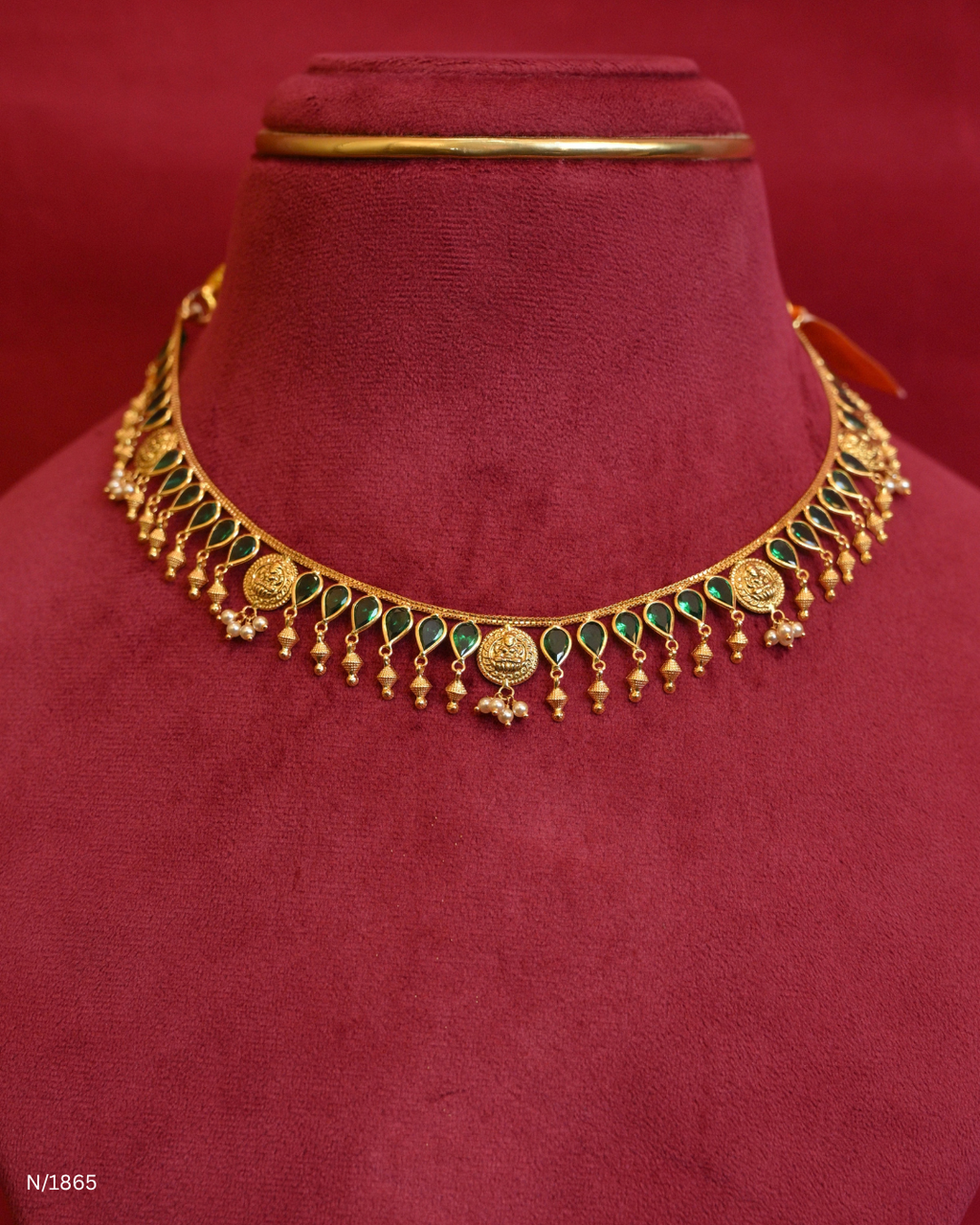 Goddess Lakshmi Coin & Teardrop Green Emerald Station Choker Necklace | SKU: N/1865