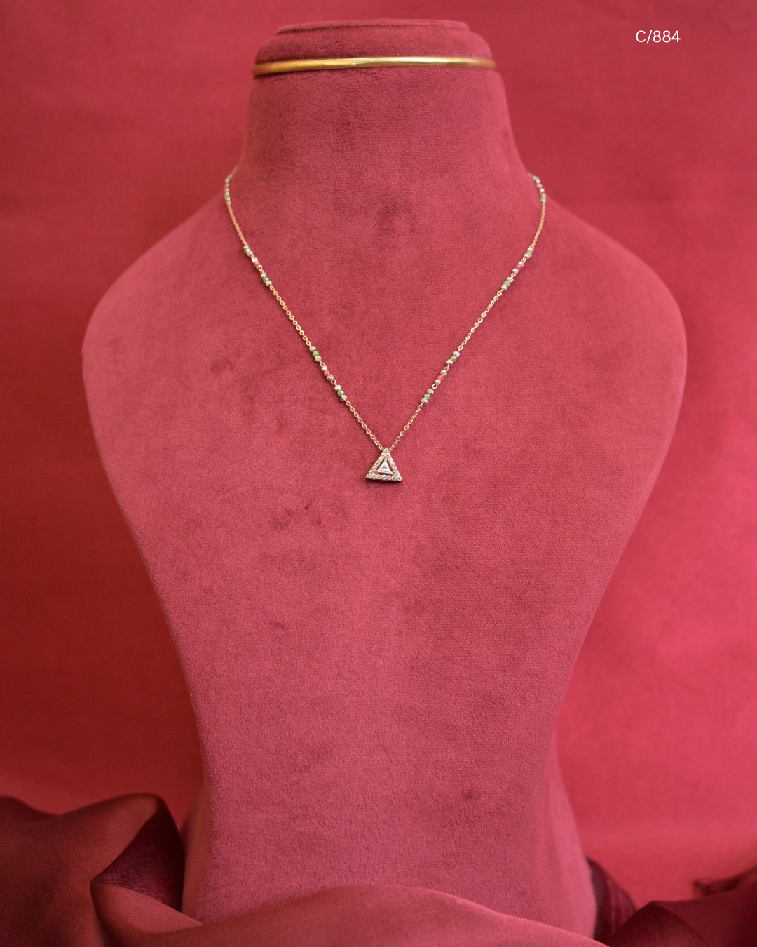 Green & Pearl Beaded Station Necklace with Initial "A" Pave CZ Triangular Pendant | SKU: C/884