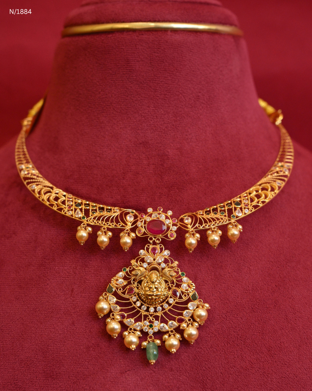 Goddess Lakshmi & Peacock Openwork Temple Choker Necklace with Pearl Bead Drops | SKU: N/1884