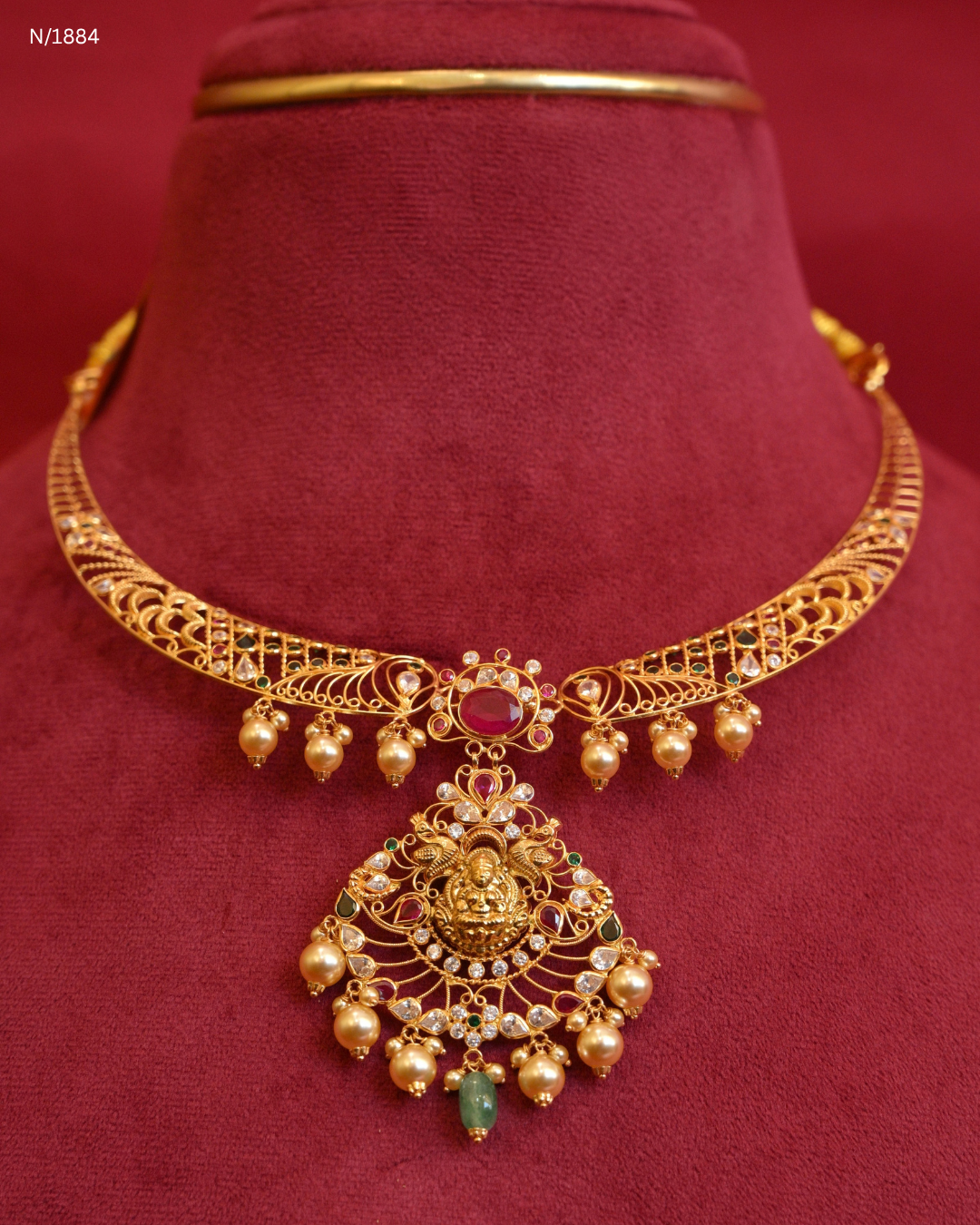 Goddess Lakshmi & Peacock Openwork Temple Choker Necklace with Pearl Bead Drops | SKU: N/1884