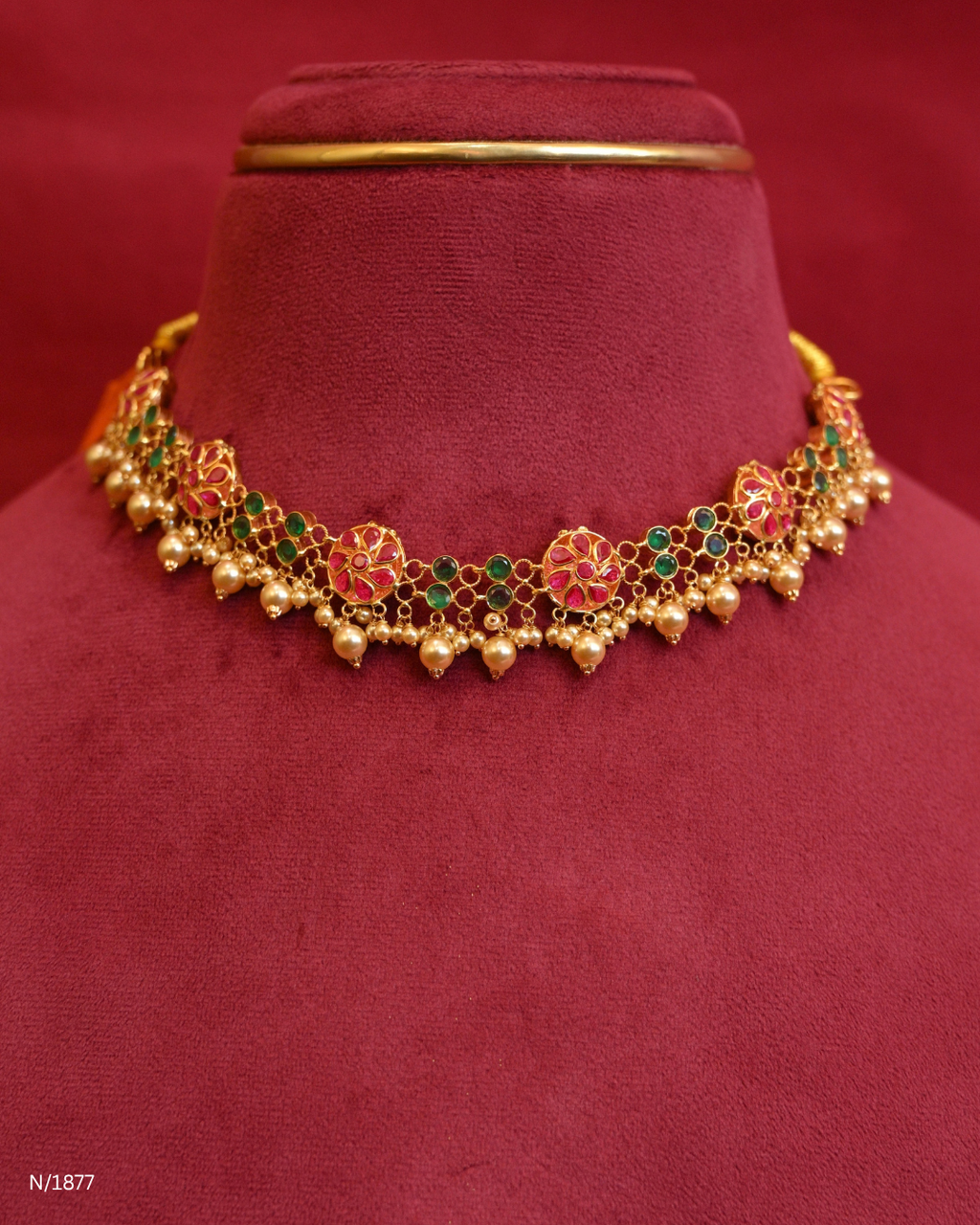 Goddess Lakshmi & Ruby Cabochon Temple Choker Necklace with Pearl Drops | SKU: N/1877