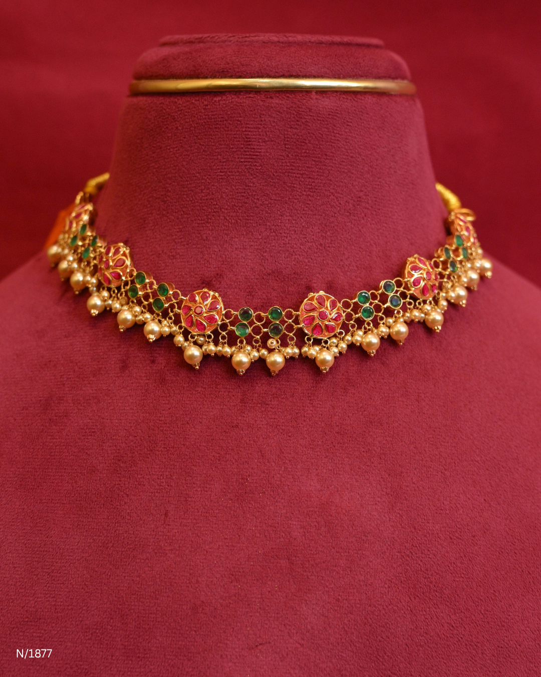 Goddess Lakshmi & Ruby Cabochon Temple Choker Necklace with Pearl Drops | SKU: N/1877