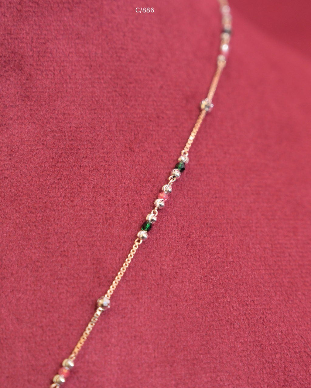 Beaded Station Necklace with Emerald Accent, Red Drop & CZ Leaf Branch Pendant | SKU: C/886