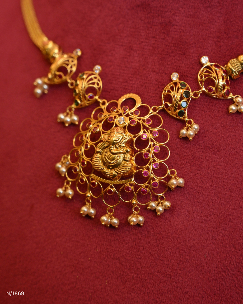 Lord Ganesha Openwork Temple Necklace with Ruby Accents & Seed Pearl Drops | SKU: N/1869