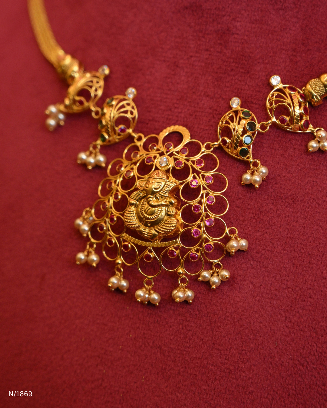 Lord Ganesha Openwork Temple Necklace with Ruby Accents & Seed Pearl Drops | SKU: N/1869