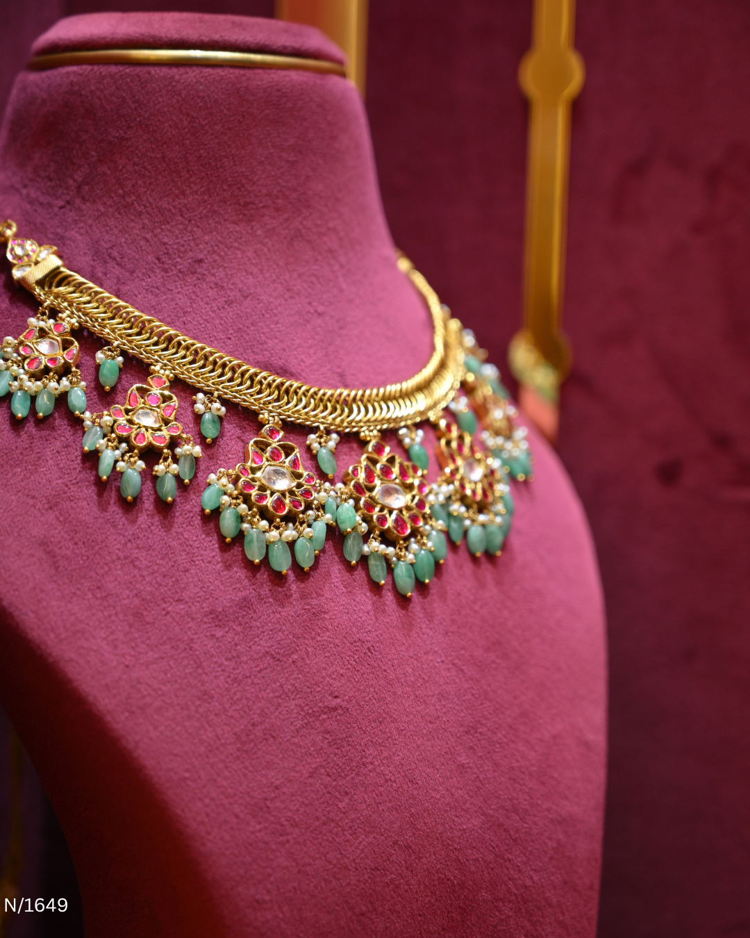 Jadau Polki, Ruby & Mint-Green Bead Dangle Necklace | SKU: N/1649
