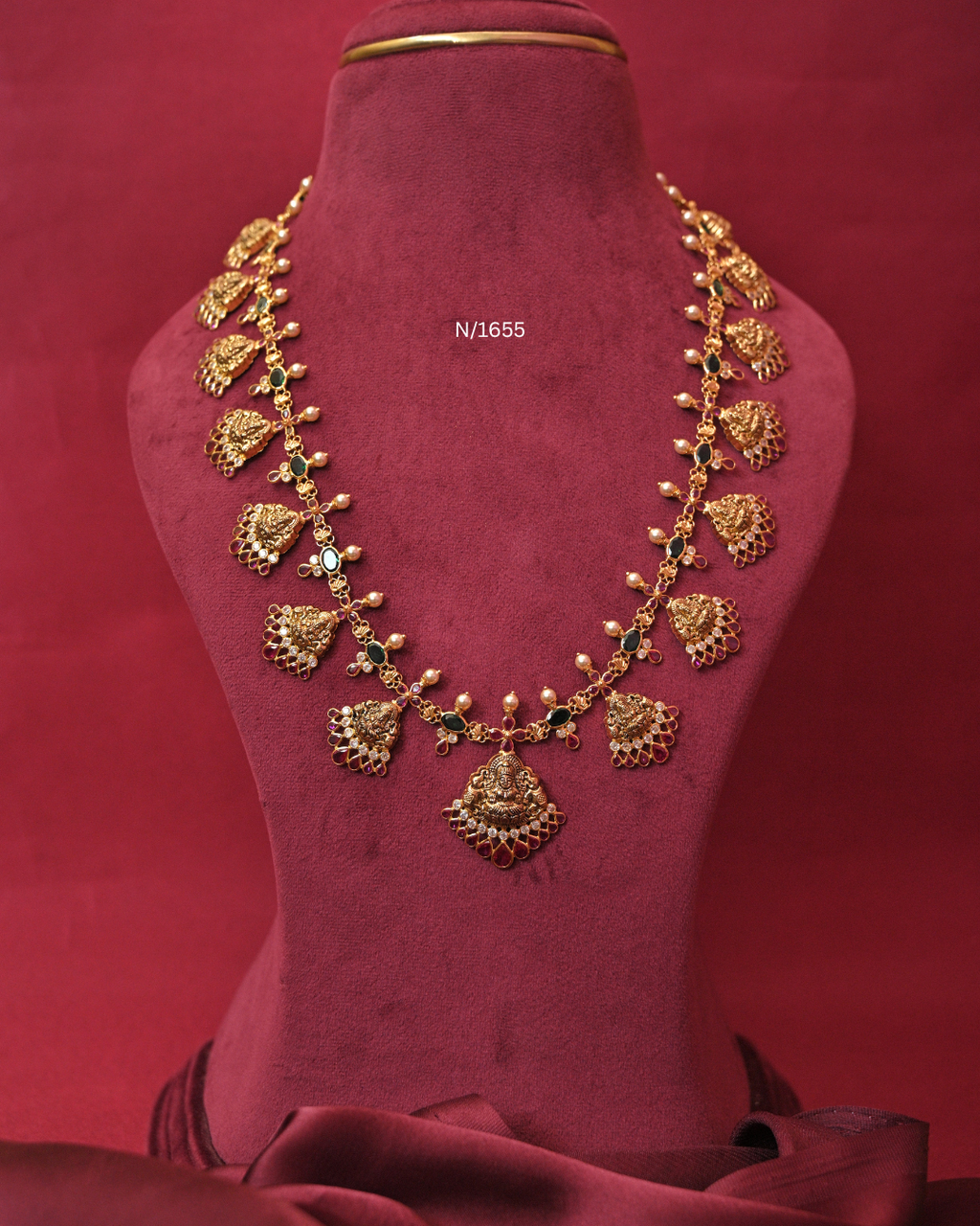 Lakshmi Nakshi Cascading Temple Haram with Emerald Stations & Ruby Fringe | SKU: N/1655