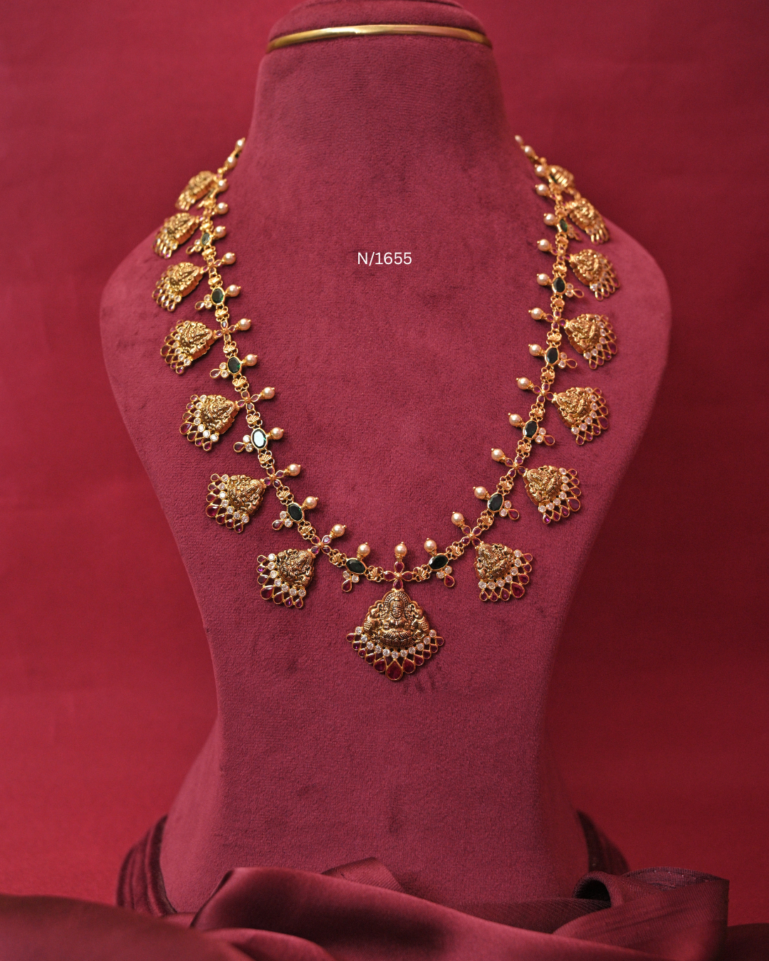 Lakshmi Nakshi Cascading Temple Haram with Emerald Stations & Ruby Fringe | SKU: N/1655