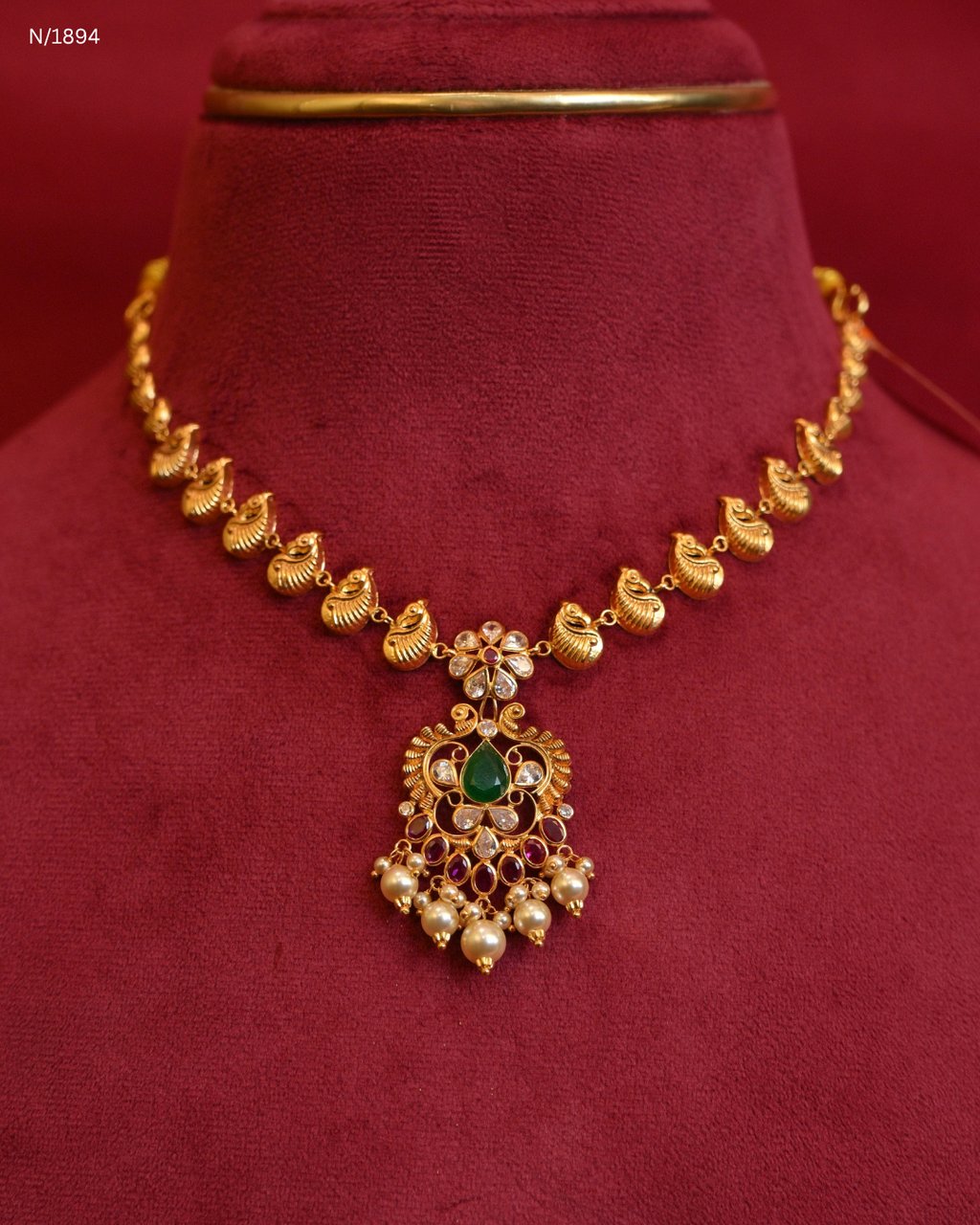Traditional Peacock Motif Temple Necklace with Emerald, Ruby & Pearl Drops | SKU: N/1894