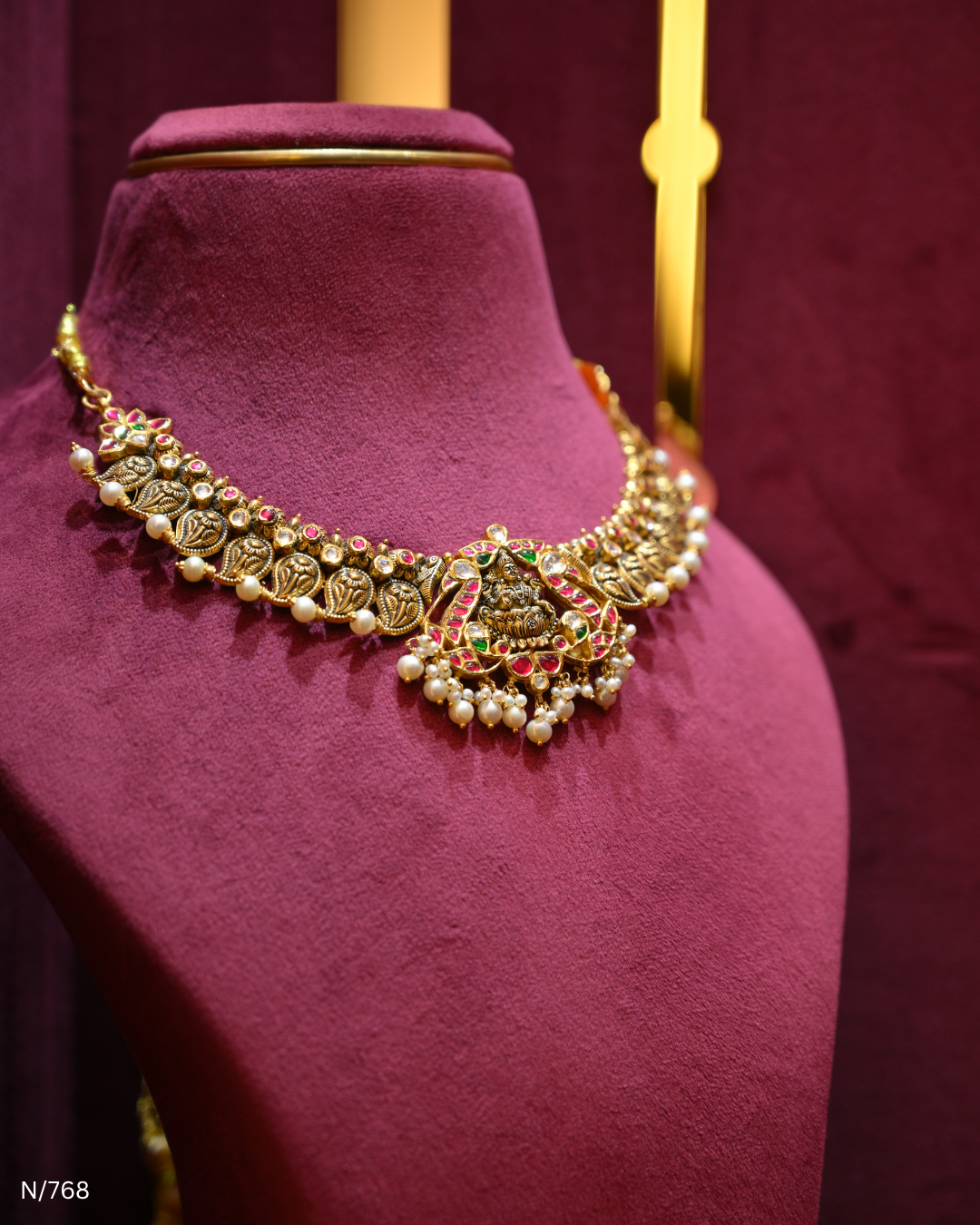 Antique Gold Temple Lakshmi Nakshi, Ruby & Pearl Choker | SKU: N/768