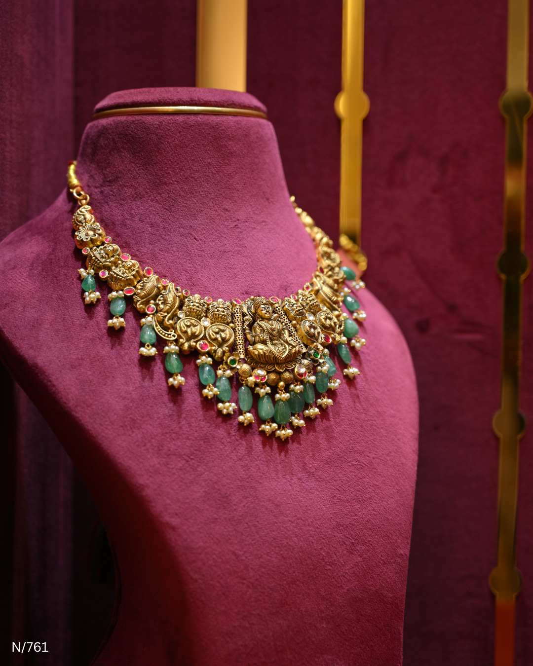 Antique Gold Temple Lakshmi Nakshi & Green Bead Necklace | SKU: N/761