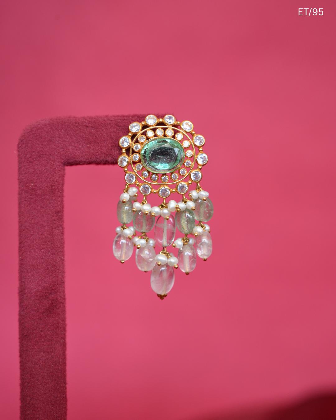 Polki Mint And Pink Quartz Bead Drop Earrings | SKU: ET/95