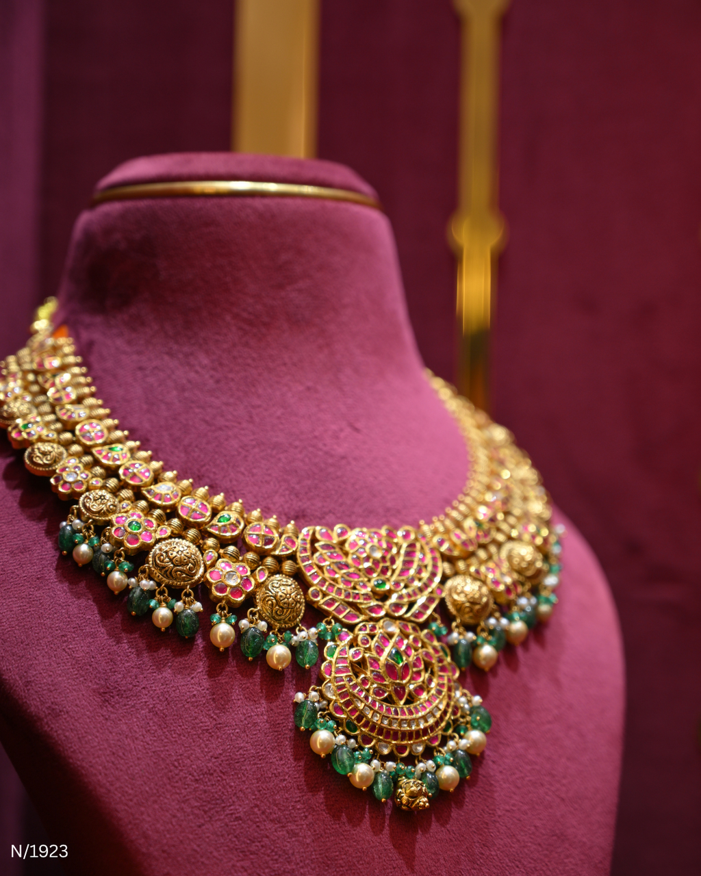 Polki, Ruby, Emerald & Pearl Bridal Statement Necklace | SKU: N/1923