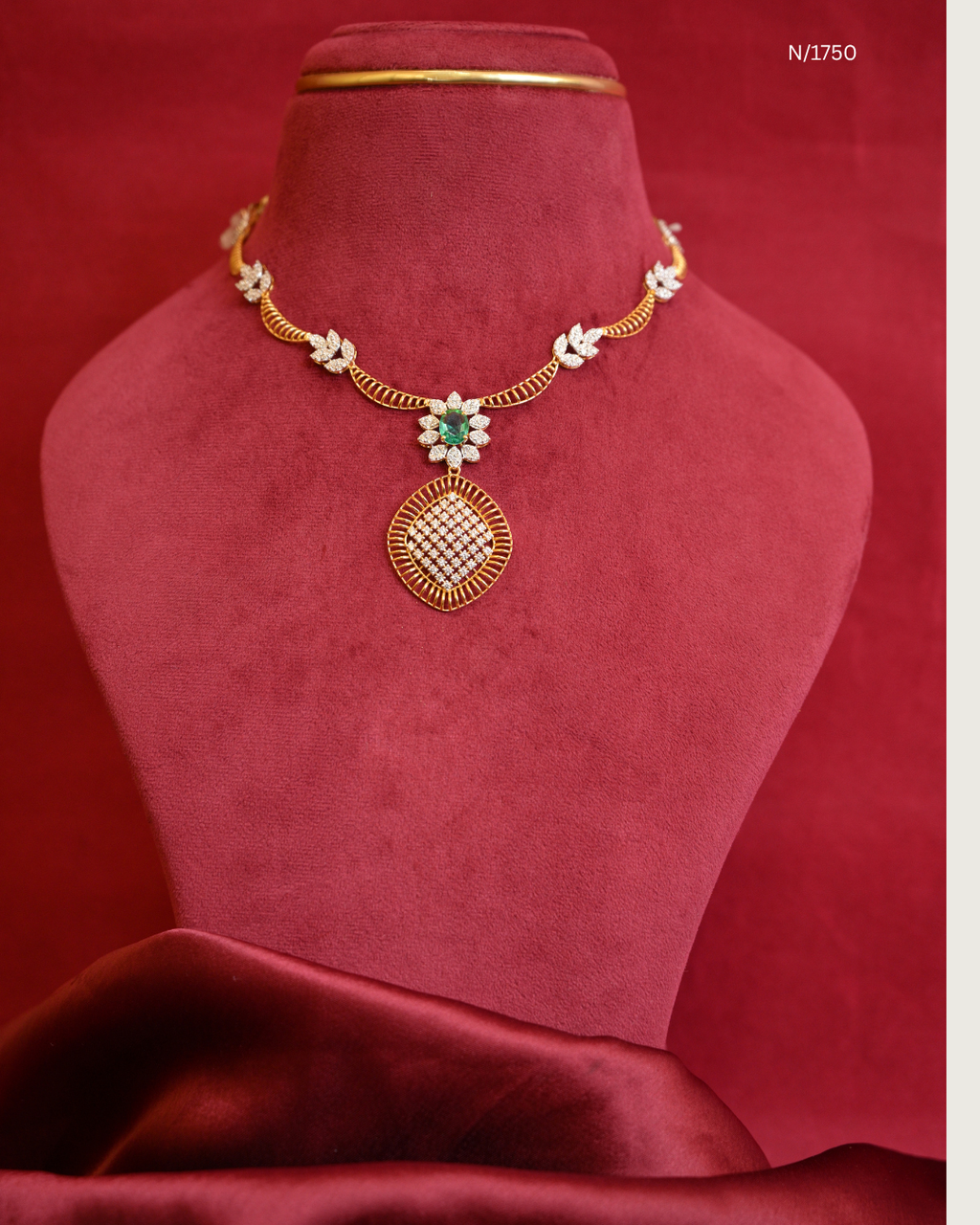 Architectural Rhombus CZ Medallion & Emerald Pendant Hasli-Style Necklace | SKU: N/1750