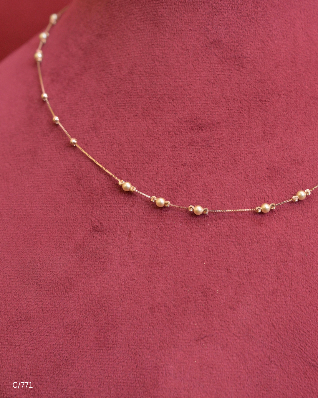 Delicate Station Chain Necklace with Cultured Pearls & Gold Beads | SKU: C/771