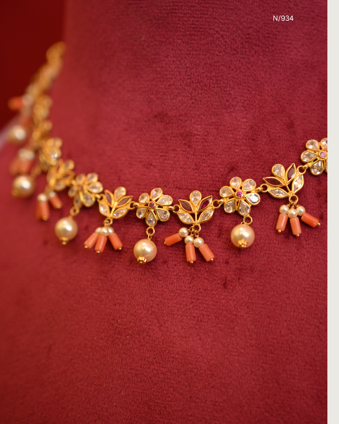 Floral CZ Polki Station Choker Necklace with Natural Red Coral (Pagadam) Clusters & Pearl Drops | SKU: N/1787