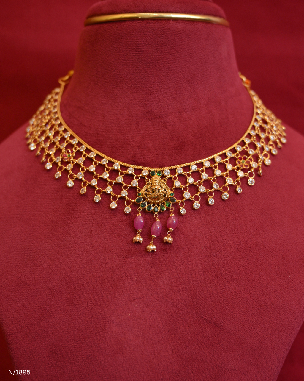 Traditional CZ Mesh Openwork Temple Choker with Goddess Lakshmi & Ruby Bead Drops | SKU: N/1895