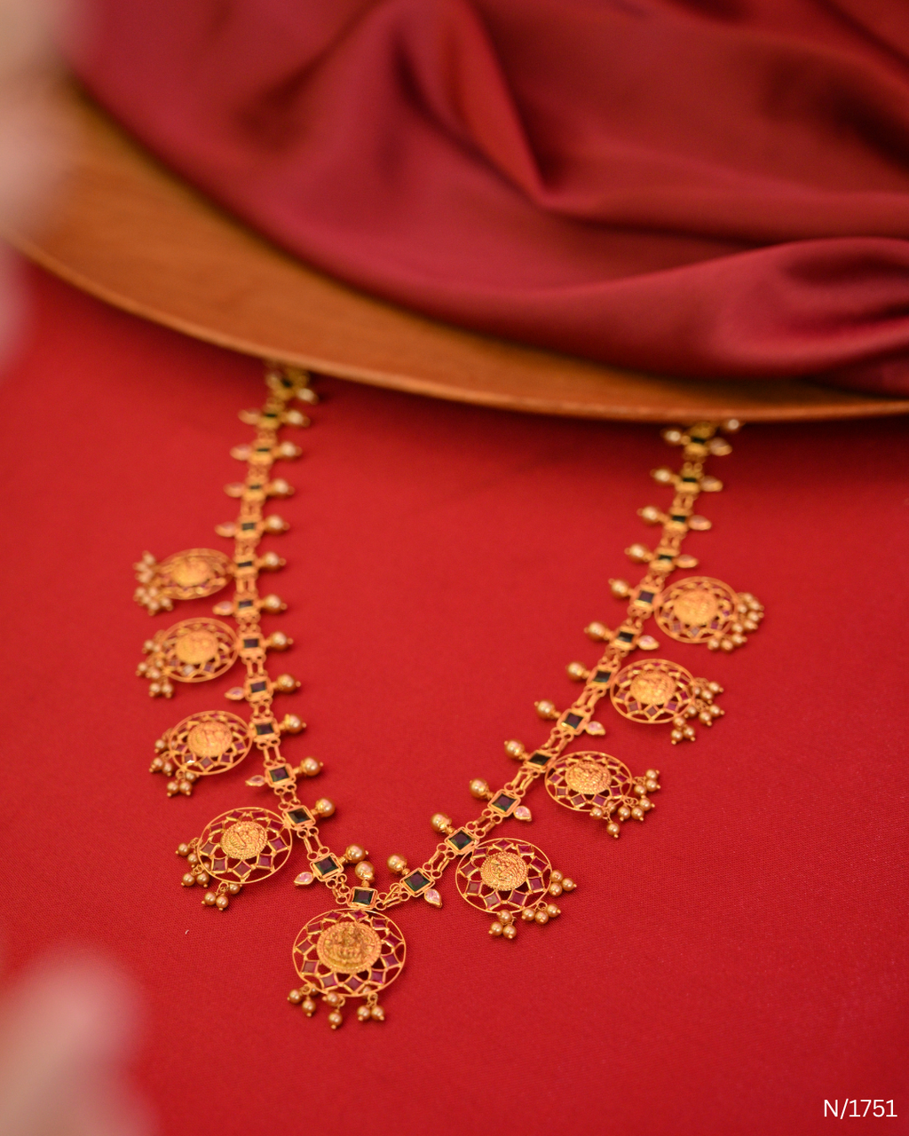 Antique Gold Temple Coin & Gemstone Lightweight Necklace | SKU: N/1751