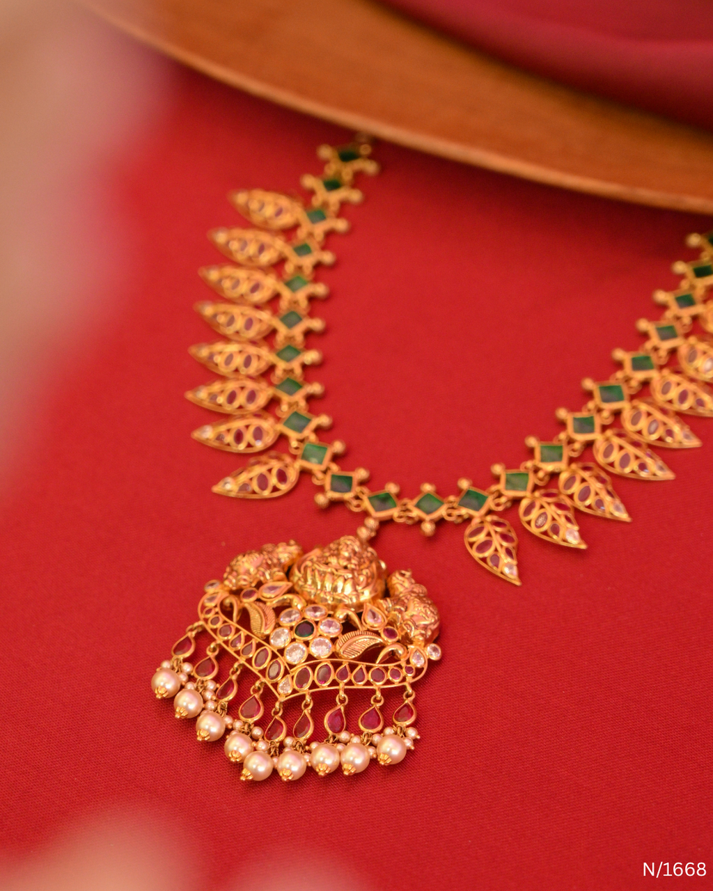 Goddess Lakshmi Nakshi Temple Pendant Necklace with Emerald Links & Ruby Mango Fringe |SKU: N/1668