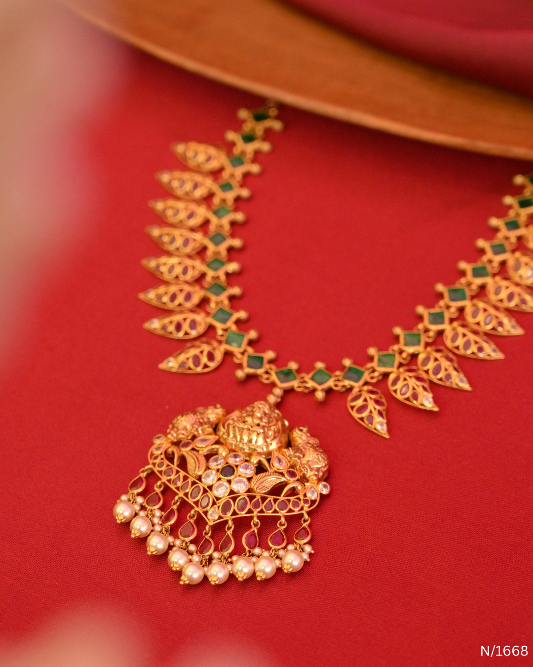Goddess Lakshmi Nakshi Temple Pendant Necklace with Emerald Links & Ruby Mango Fringe |SKU: N/1668