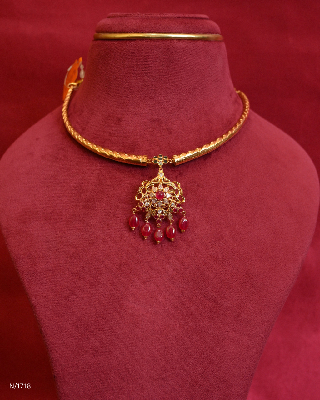 Floral Filigree Pendant Kanti with Rubies & Ruby Bead Drops | SKU: N/1718