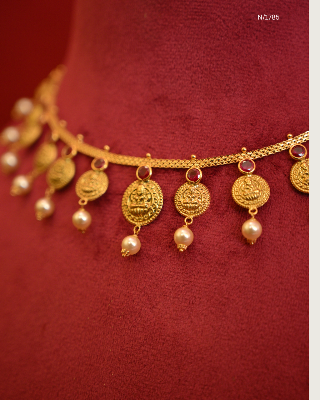 Goddess Lakshmi Kasu (Coin) Station Choker Necklace with Rubies & Pearl Drops | SKU: N/1785