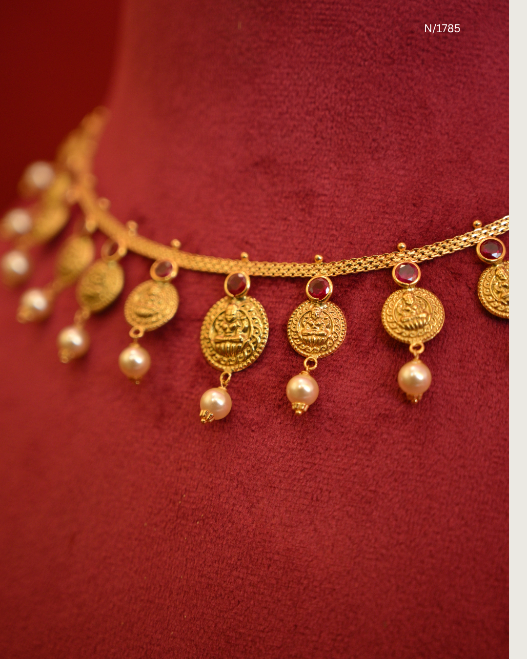Goddess Lakshmi Kasu (Coin) Station Choker Necklace with Rubies & Pearl Drops | SKU: N/1785
