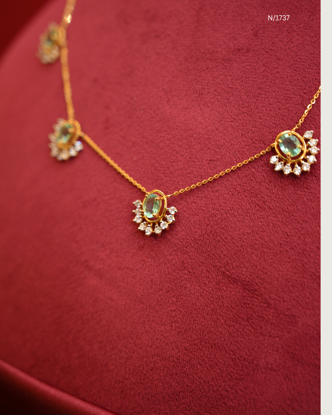 Modern Oval Emerald Cabochon & CZ Polki Crescent Station Necklace | SKU: N/1737