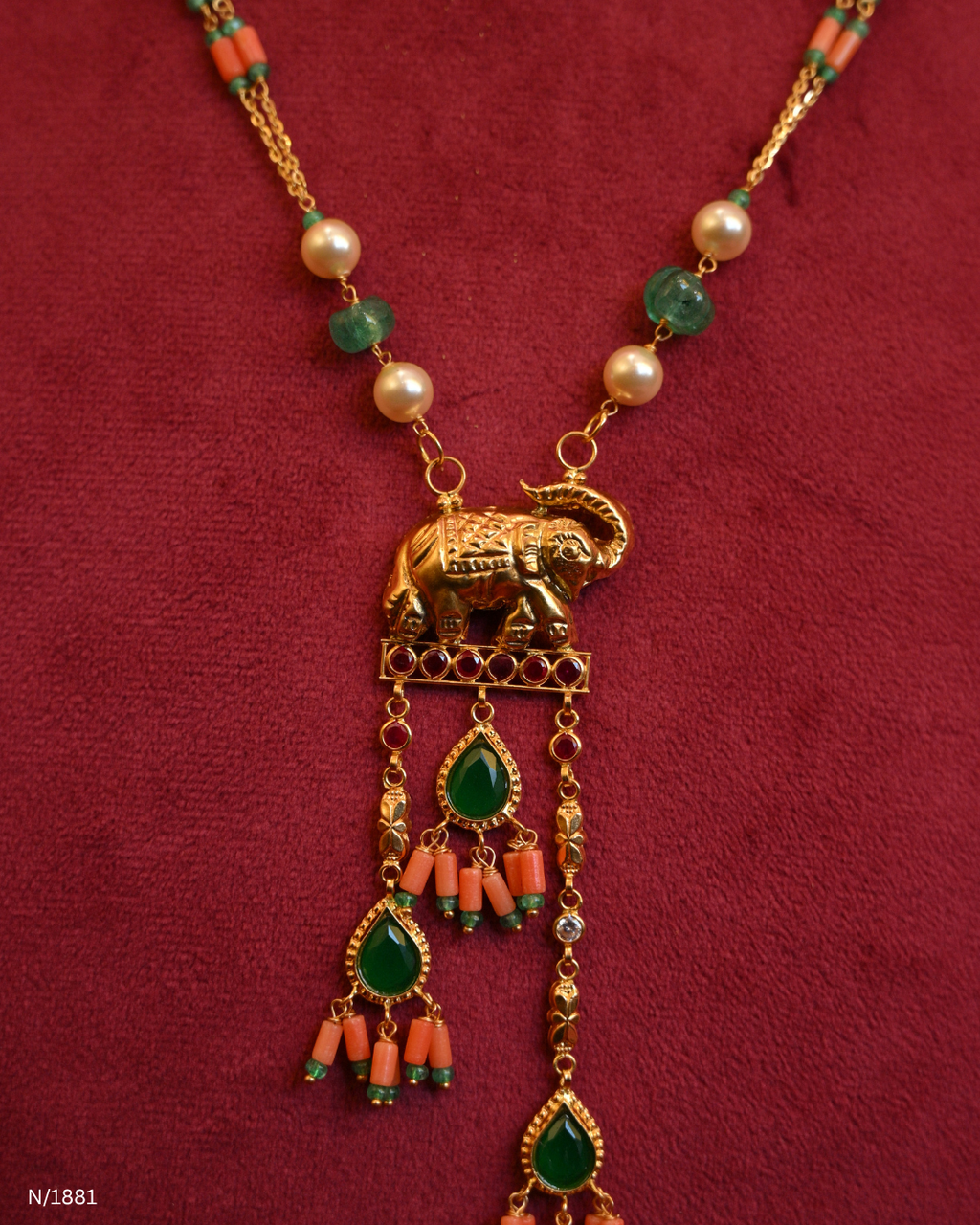 Royal Elephant Motif Coral & Emerald Beaded Station Tassel Y-Necklace | SKU: N/1881