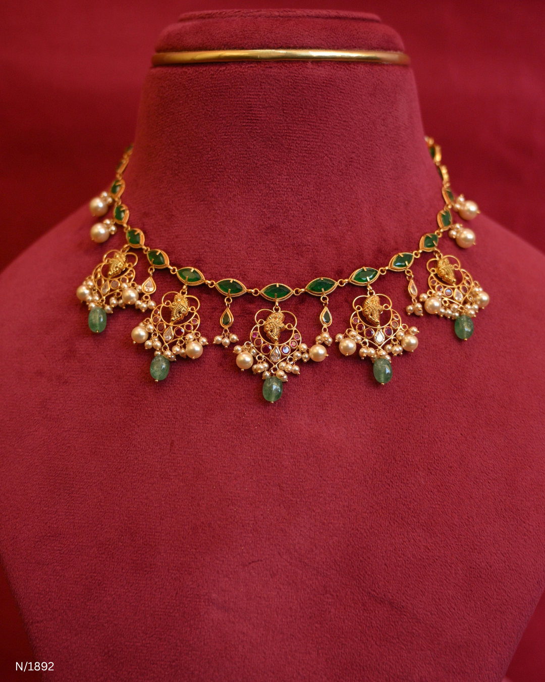 Traditional Marquise Emerald Station Choker with Temple Medallions, Pearl Clusters & Emerald Drops | SKU: N/1892
